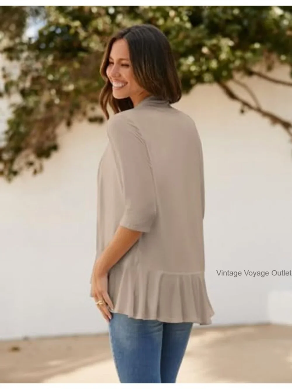 Lightweight Open Front Cardigan 3/4 Sleeve Draped Ruffles Spring Summer